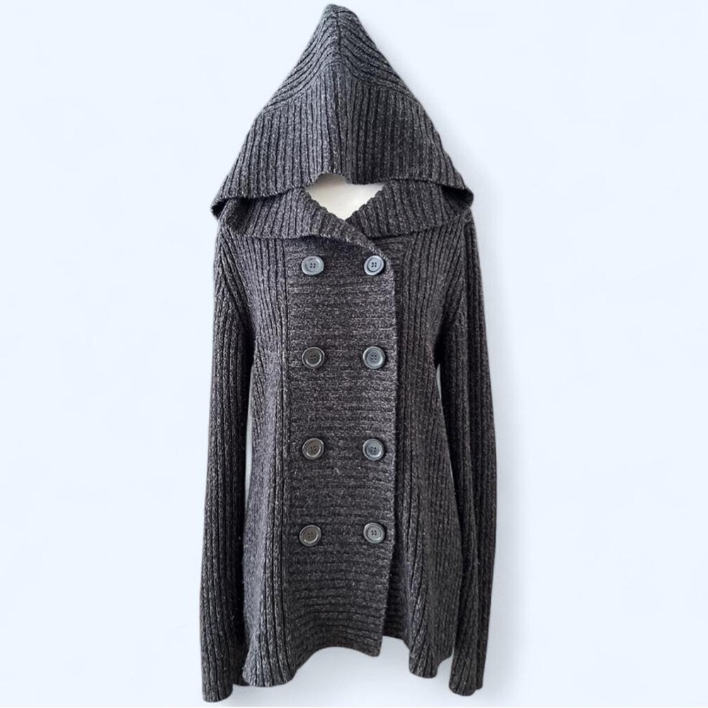 Y2K Grey Ribbed Chunky Knit Lagenlook Double Breast Buttons Cardigan Grunge